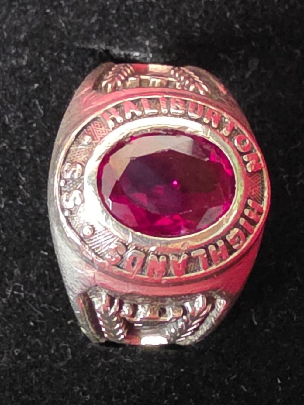 Vintage 1950s Haliburton Highlands Genuine Ruby Sterling Silver School Ring